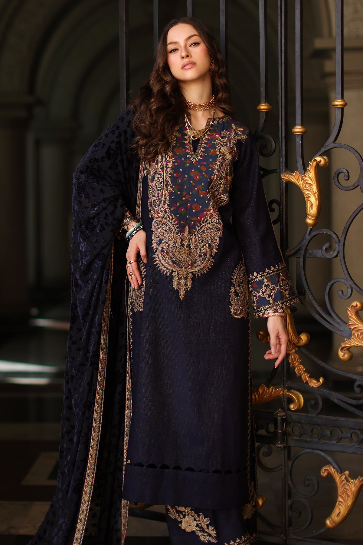 3-pc Stitched Embroidered Dyed Leather Shirt