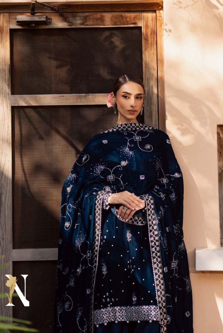 3 Piece Stitched Embroidered Velvet Suit with Shawl | Luxury Wedding Wear MAYA by Nureh
