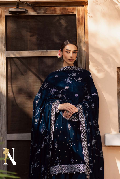 3 Piece Stitched Embroidered Velvet Suit with Shawl | Luxury Wedding Wear MAYA by Nureh