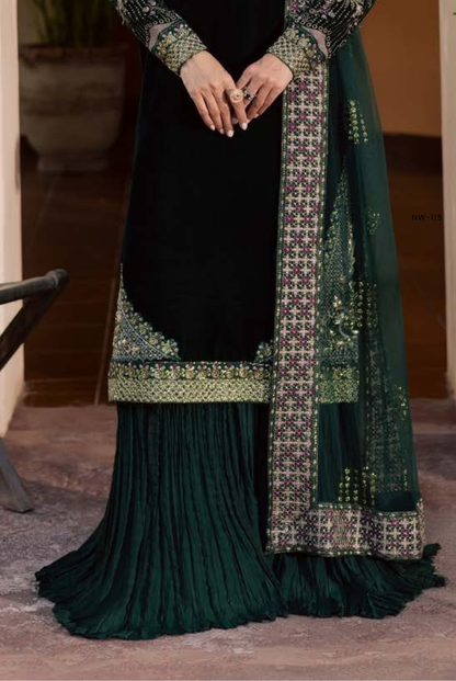 3 Piece Stitched Embroidered Velvet Suit with Shawl | Luxury Wedding Wear MAYA by Nureh