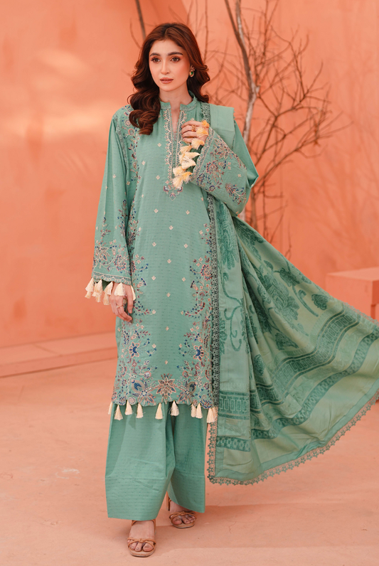 3 Piece Stitched Embroidered Dhanak Suit with Velvet Jacquard Shawl | Vihana by Johra JW