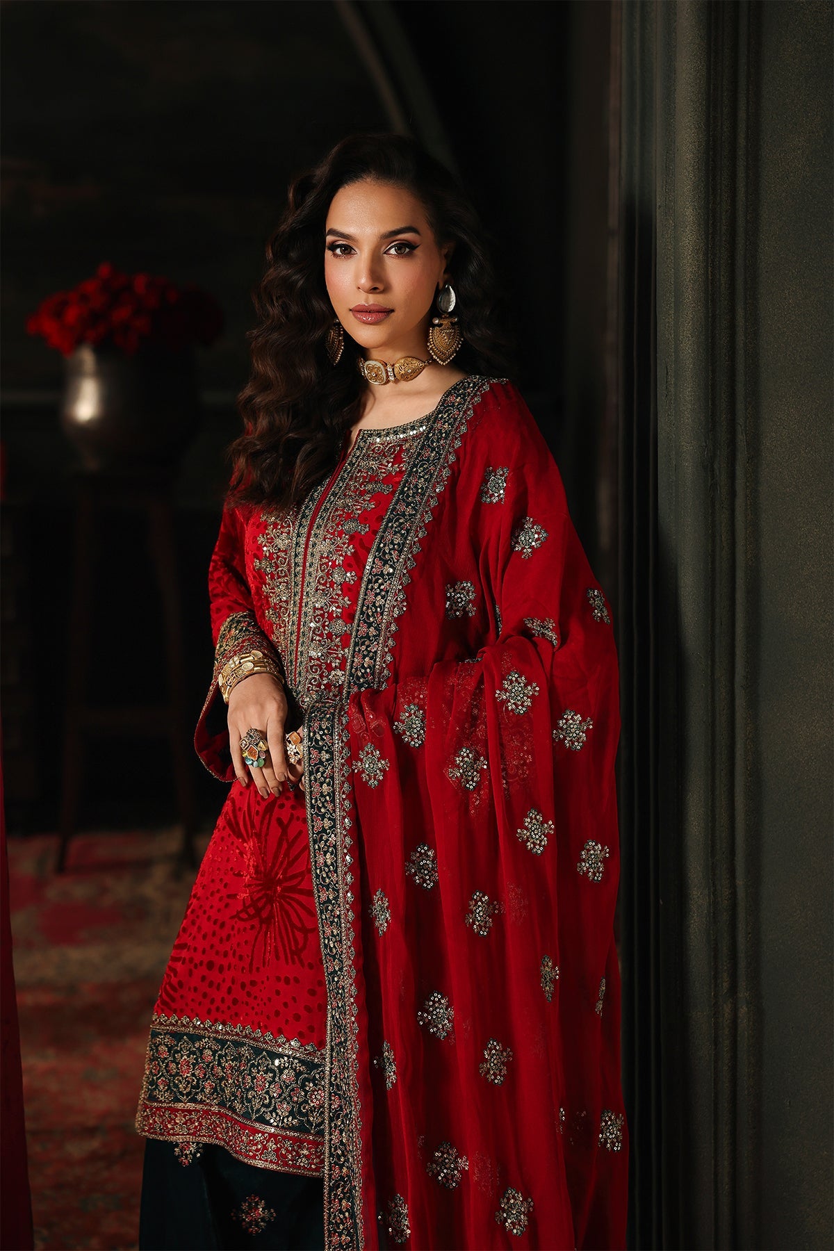 Charizma Signora Vol-II - Stitched Plachi Velvet 3-Pc - Deep Red (CVT5-10)