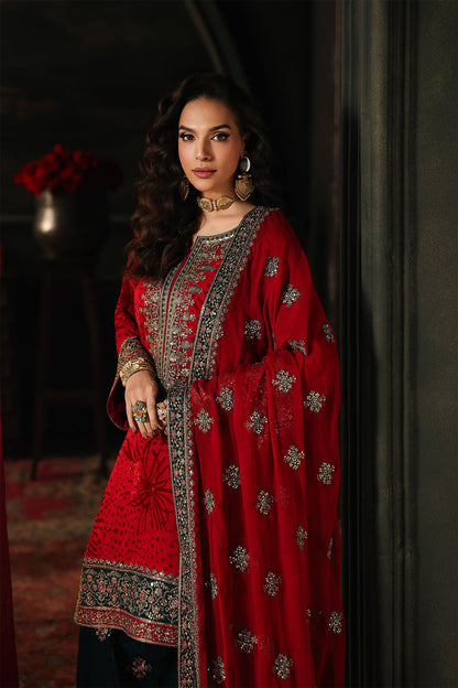 Charizma Signora Vol-II - Stitched Plachi Velvet 3-Pc - Deep Red (CVT5-10)