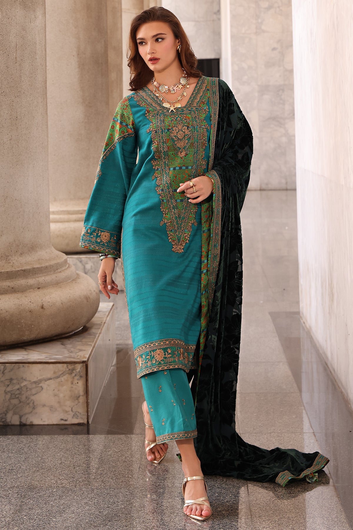 3-pc Stitched Embroidered Dyed Leather Shirt