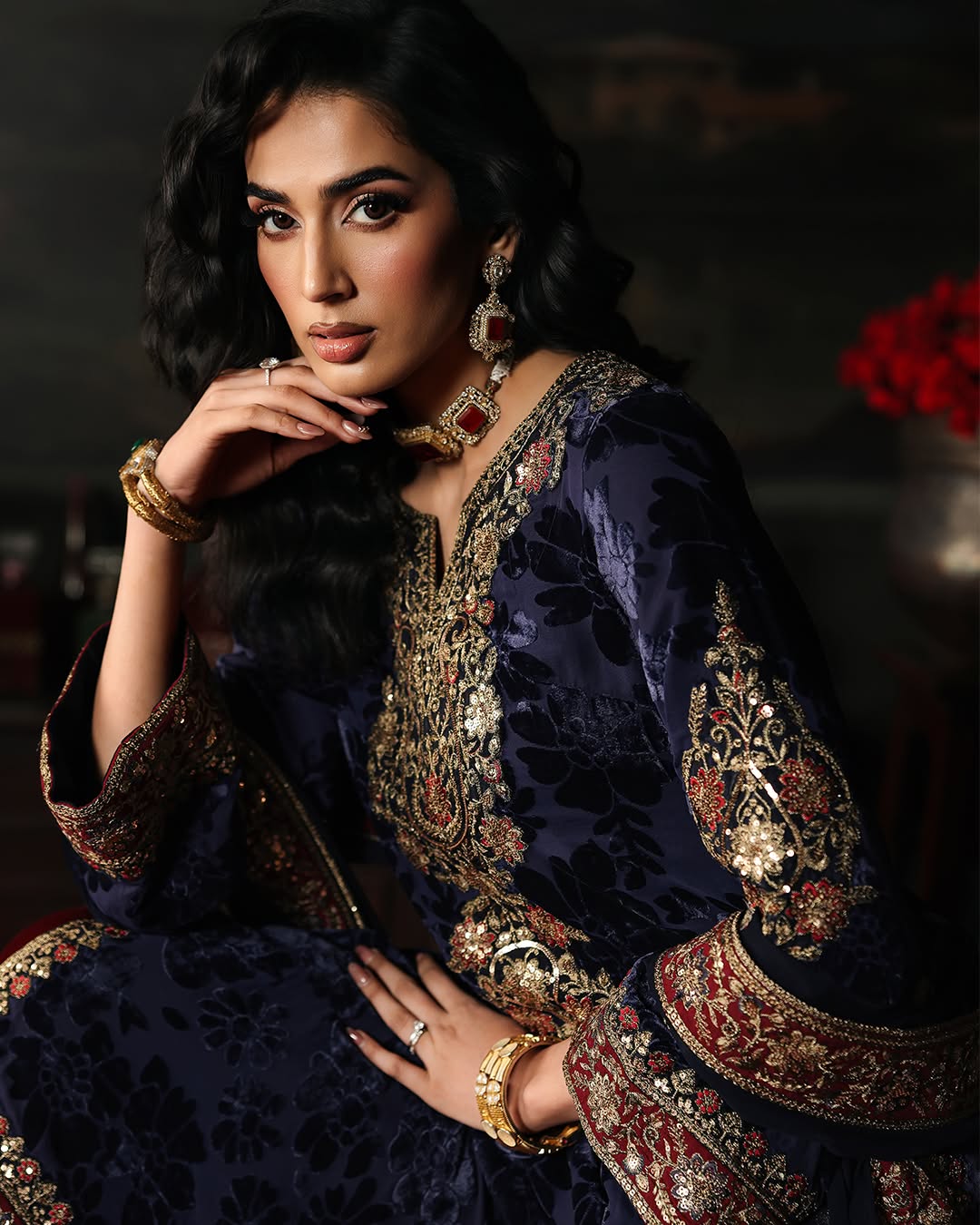 Charizma Signora Vol-II - Stitched Plachi Velvet 3-Pc - Royal Navy (CVT5-11)
