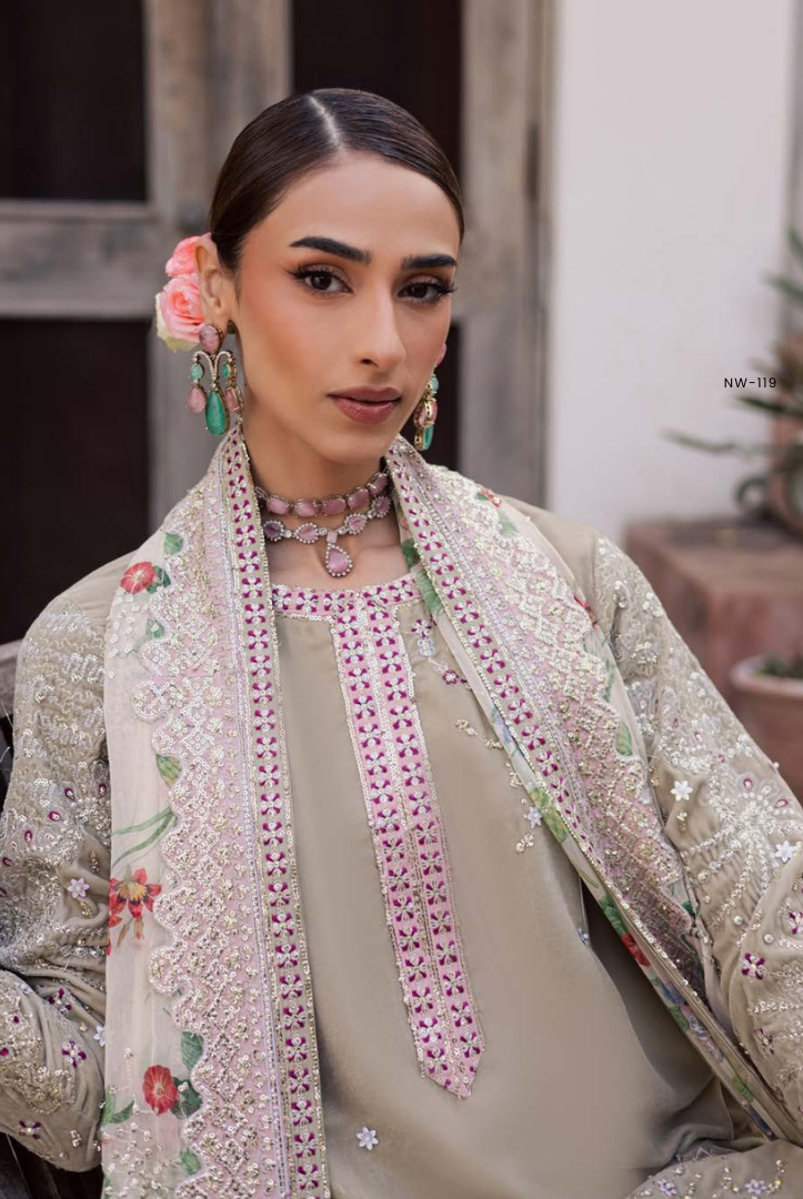 3 Piece Stitched Embroidered Velvet Suit with Shawl | Luxury Wedding Wear MAYA by Nureh