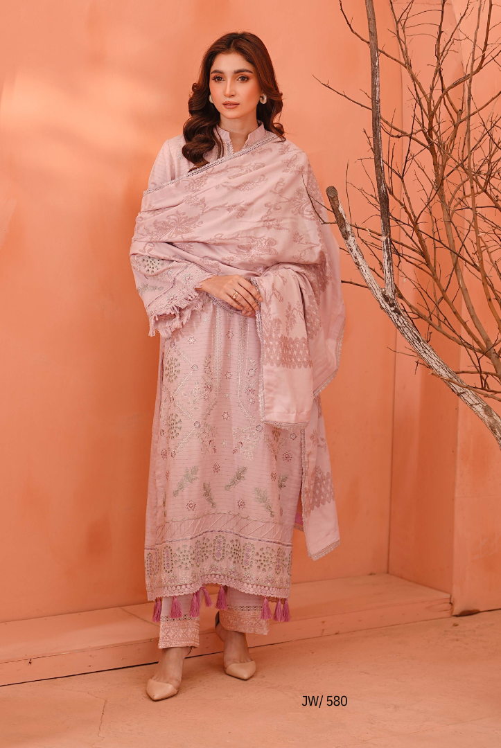 3 Piece Stitched Embroidered Dhanak Suit with Velvet Jacquard Shawl | Vihana by Johra JW