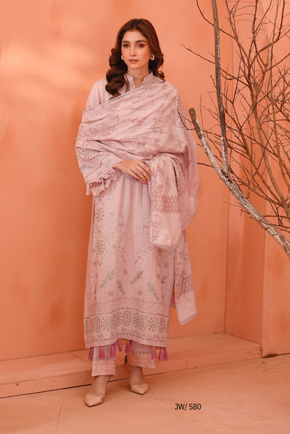 3 Piece Stitched Embroidered Dhanak Suit with Velvet Jacquard Shawl | Vihana by Johra JW