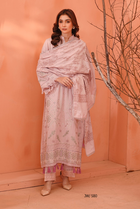 3 Piece Stitched Embroidered Dhanak Suit with Velvet Jacquard Shawl | Vihana by Johra JW