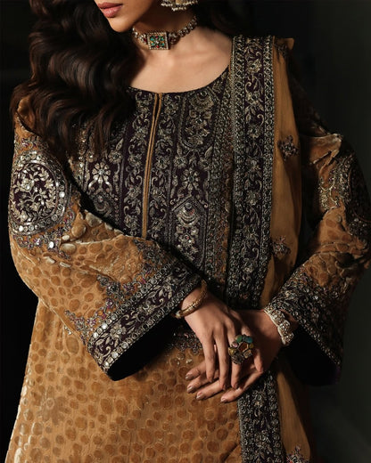 Charizma Signora Vol-II - Stitched Plachi Velvet 3-Pc - Olive Gold (CVT5-13)