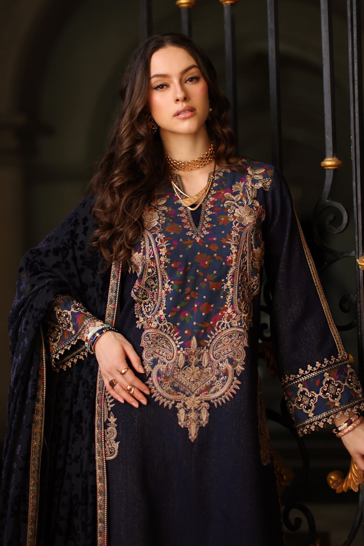 3-pc Stitched Embroidered Dyed Leather Shirt