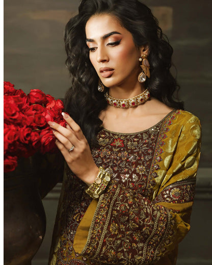 Charizma Signora Vol-II - Stitched Plachi Velvet 3-Pc - Bright Yellow (CVT5-16)